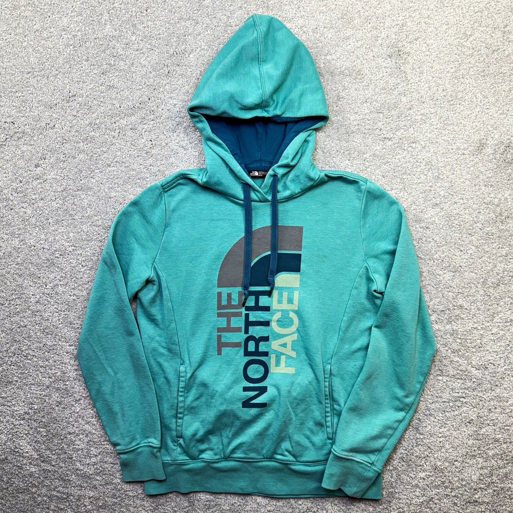 The North Face Womens Medium Teal Green Pullover Hoodie Sweatshirt Big Logo